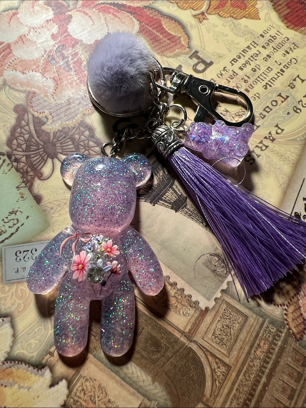Purple Glitter Bear Keychain, backpack or purse charm.